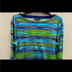 Ralph Lauren Women’s Multi Green/Blue colored Striped Scoop Neck 3/4 Sleeve L